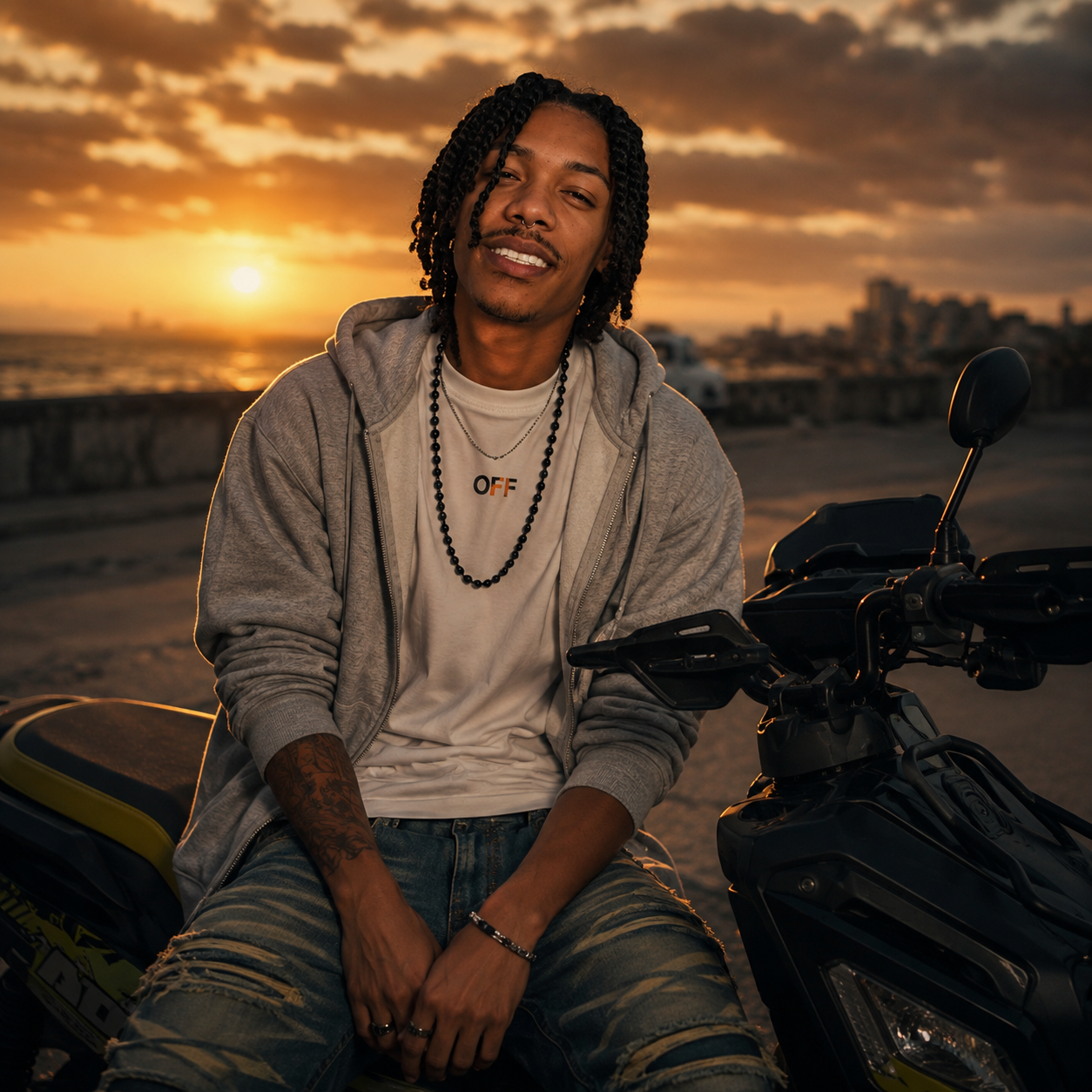 Yasske junto a una motocicleta al atardecer